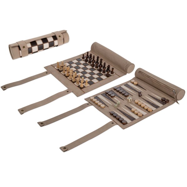 Schach Backgammon Dame Set, Reise, Kunstleder, Feld 28 mm, magnetisch